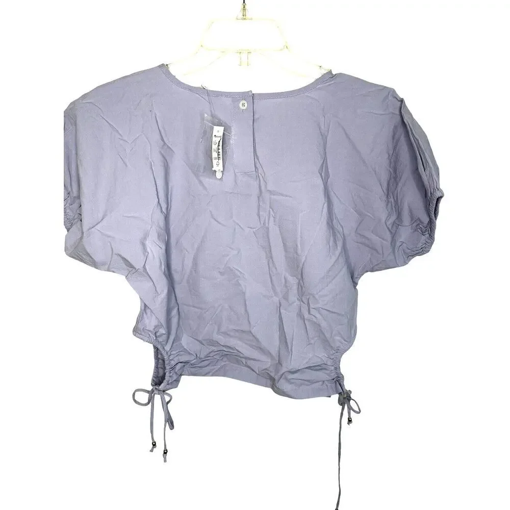 Madewell Embroidered Poplin Puff-Sleeve Cutout Crop Top Distant Peri XS NWT